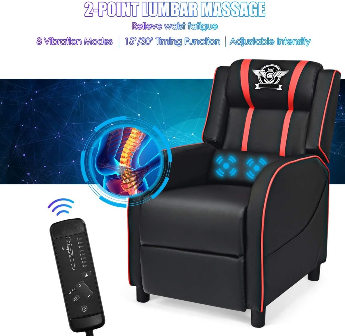 BUSHLY Adjustable Gaming Recliner Chair, Racing Style Massage Single Sofa with Headrest & Lumbar Pillow, PU Leather Video Recliner for Home, Movie Theater, Living Room, Game Room (Red) WoodArtSupply