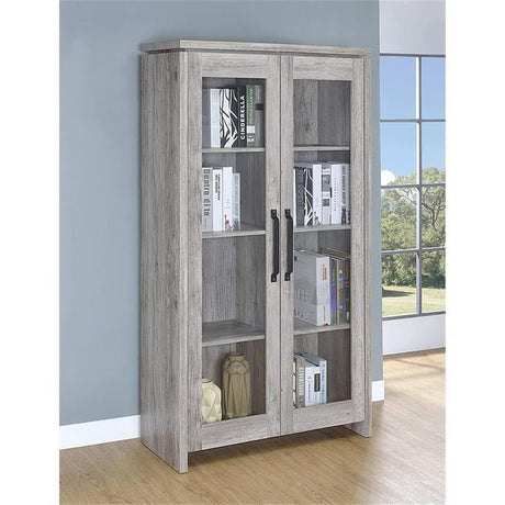BOWERY HILL Traditional Glass Front 2 Door Wood Curio Display Cabinet in Grey Driftwood BOWERY HILL