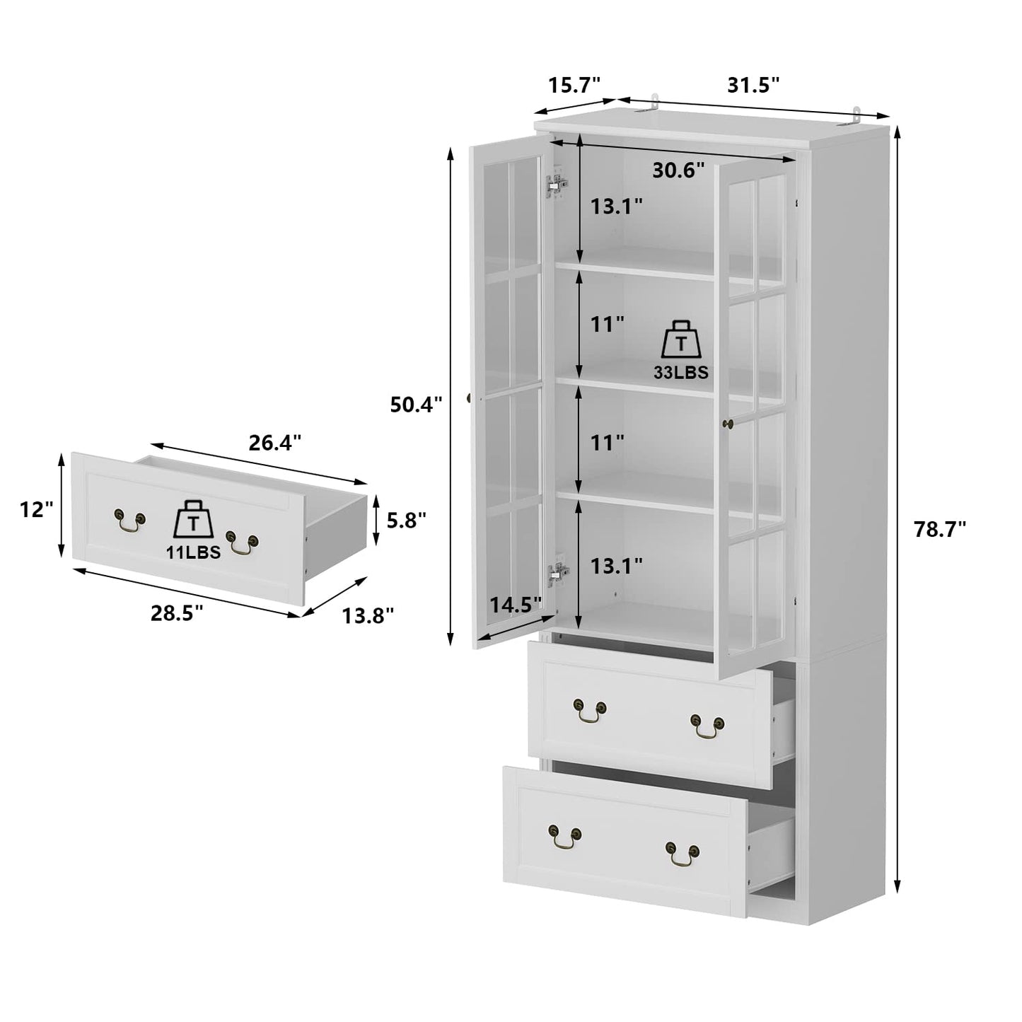 AIEGLE Elegant 4-Tier Glass Door Bookcase with Drawers - 31.5" Freestanding Storage Cabinet - WoodArtSupply