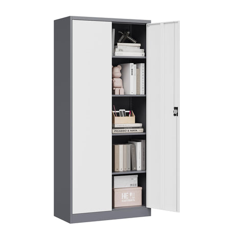 MIIIKO Home Office Storage Cabinet with Shelves and Doors, Metal Utility Cabinets with 2 Locking Doors and 5 Shelves, Tall Steel Locker Cabinets or Garage, Kithen, Pantry and Classroom MIIIKO