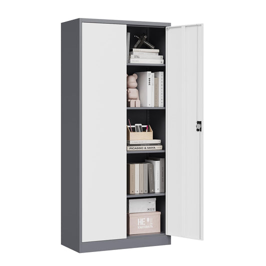 MIIIKO Home Office Storage Cabinet with Shelves and Doors, Metal Utility Cabinets with 2 Locking Doors and 5 Shelves, Tall Steel Locker Cabinets or Garage, Kithen, Pantry and Classroom - WoodArtSupply