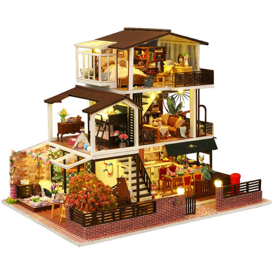 Yuzhen DIY Miniature Dollhouse with Furniture and LED Lights, European Style Villa Wooden Dollhouse Includes Dustcover and Music Movement, Exquisite Home Decor - WoodArtSupply