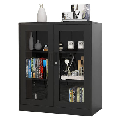 Yizosh Metal Storage Cabinet with Glass Doors - 35.4" Locking Display Cabinet with 2 Adjustable Shelves, 3-Tier Steel Cabinet Locker for Home Office, Living Room, Bedroom (Black) - WoodArtSupply