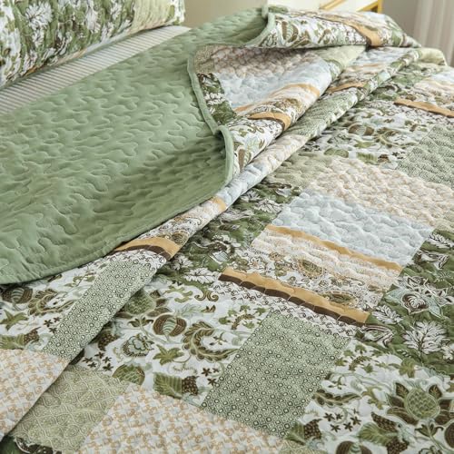 WONGS BEDDING Quilt Set Queen Size Green, 3 Pieces Patchwork Plaid Bedspread Coverlet Set, Floral Soft Microfiber Bedding Set for All Season(96"×90“) WONGS BEDDING