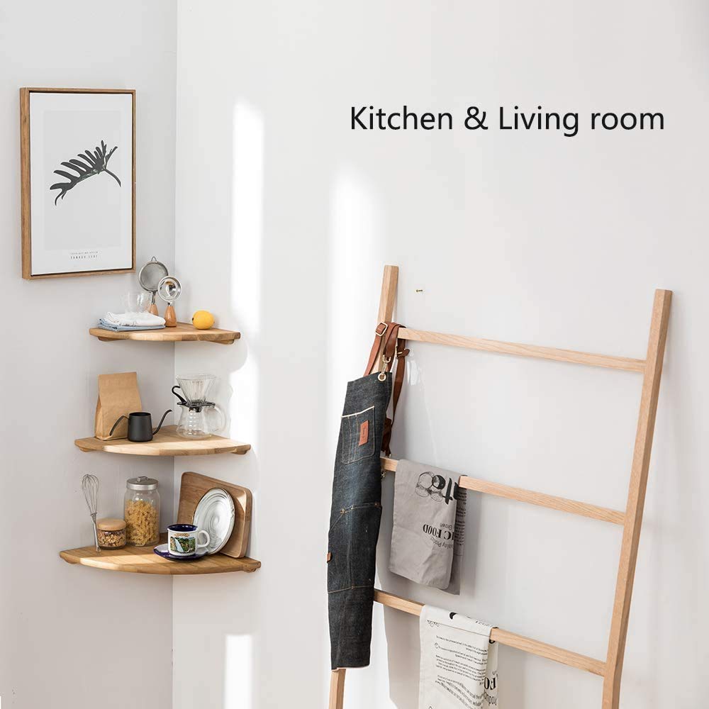 Corner Shelf, 7inch Solid Oak Wood Floating Corner Shelf Wall Mount Round End Floating Speaker Shelf with Wire Hole Display Shelf for Small Plant Photo Frame for Bedroom Kitchen, Living Room WoodArtSupply