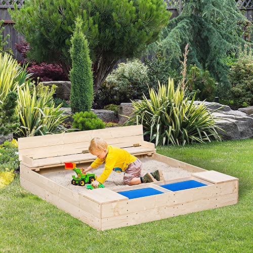 Outsunny Kids Wooden Sandbox w/Two Plastic Boxes Foldable Bench Seat Waterproof Cover Bottom Liner Storage Space Outsunny