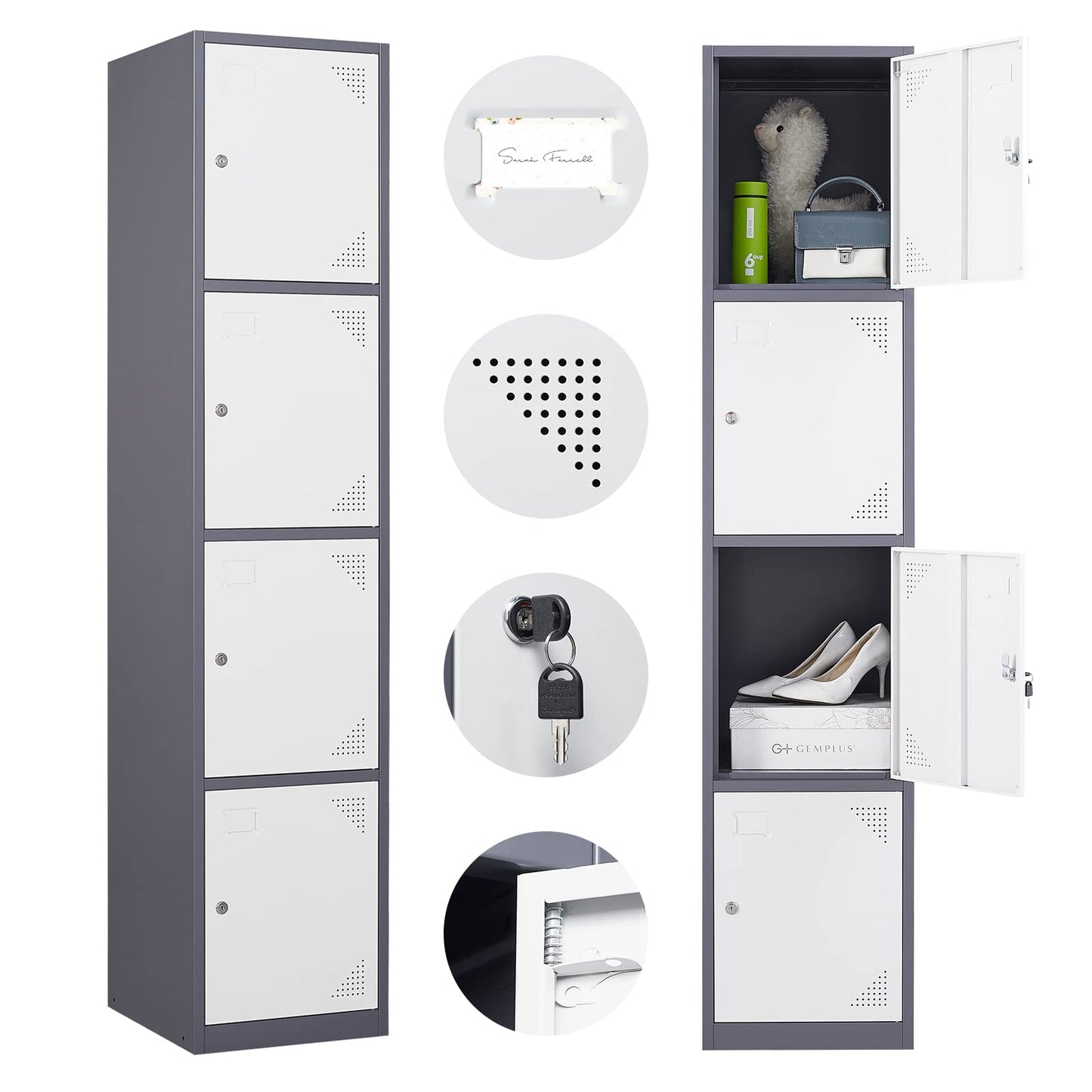 Metal Storage Lockers Cabinet - 71" Large Locker for Employees with 4 Doors - 4 Tier Steel Lockers for Kids Bedroom, Gym, School, Office, Garage (4 Doors, White Grey)