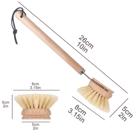 AMERWASH PLUS Dish Brush with Wooden Handle, Natural Kitchen Brush for Dishes Vegetable, Pots and Pans, Tampico Fiber Bristles Scrubber, Extra 3 Pack Replacement Head Included AMERWASH PLUS