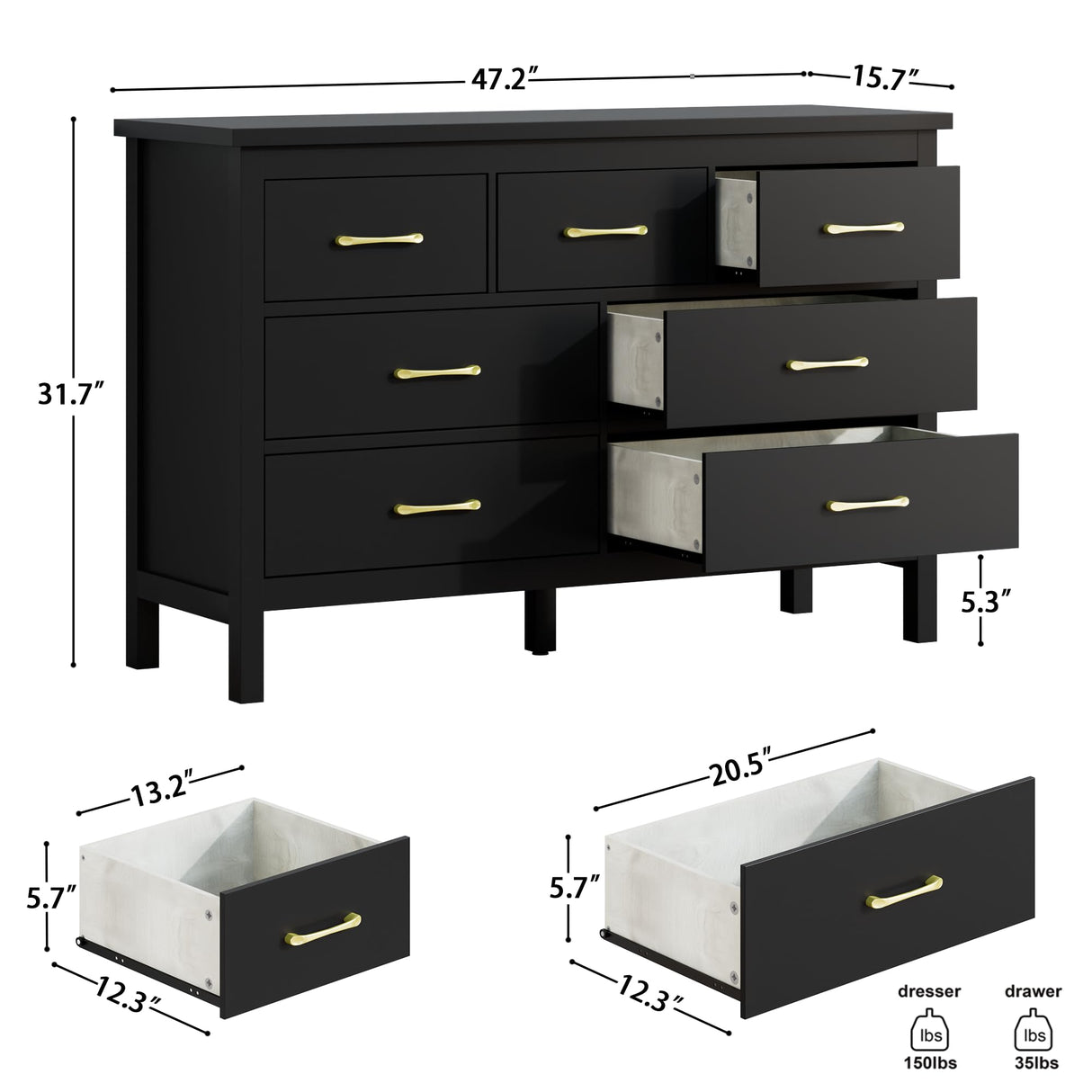 Tradare Black Dresser for Bedroom, 7 Drawer Wood Double Dresser with Golden Handles, Wide Chest of Organizer Storage Drawers for Living Room, Hallway, Entryway Tradare