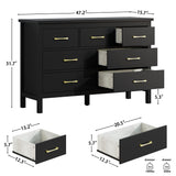 Tradare Black Dresser for Bedroom, 7 Drawer Wood Double Dresser with Golden Handles, Wide Chest of Organizer Storage Drawers for Living Room, Hallway, Entryway Tradare