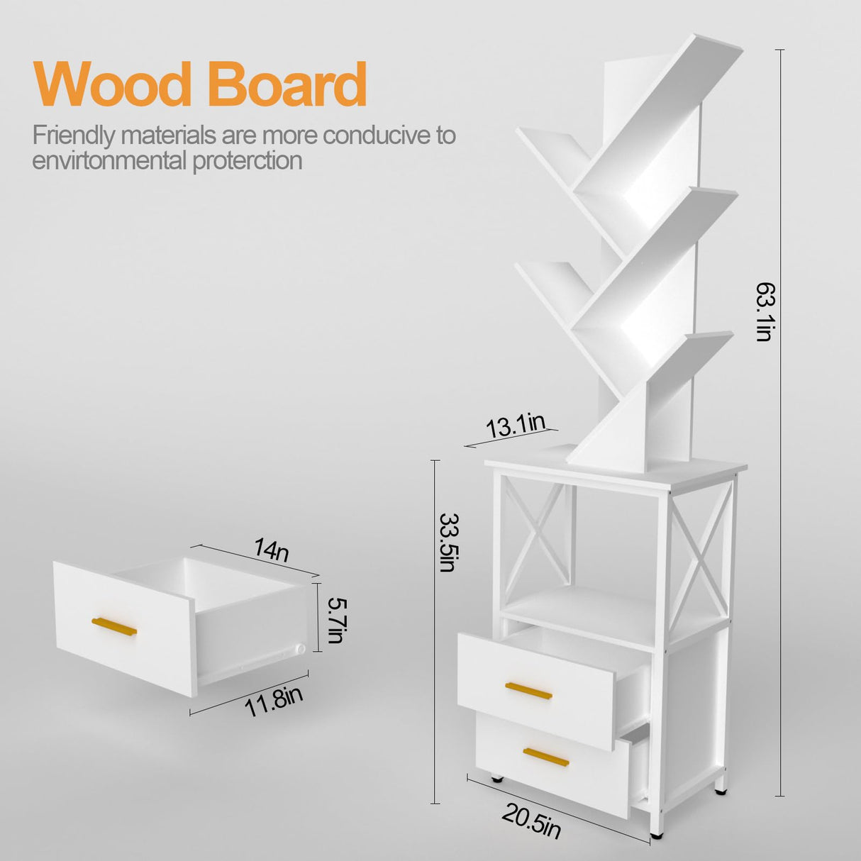Lightdot Bookshelf with Double Drawer, 5 Shelf Tree Bookshelf, Wooden Bookshelves Storage Rack for CDs/Movies/Books, White Bookcase, Utility Organizer Shelves for Living Room, Bedroom Lightdot