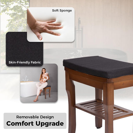StrongTek Bamboo Shower Bench Seat with Soft Cushion, Footrest Shaving Stool with Storage Shelf, Non-Slip, Ideal for Spa Bath Seat, Bathroom, Living Room & Garden Decor, Espresso StrongTek