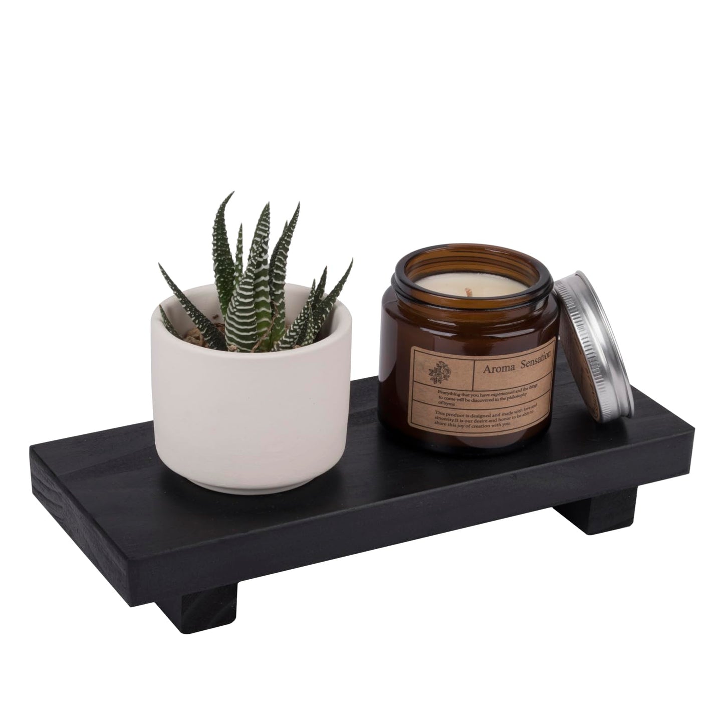 Bathroom Counter Organizer Wood Pedestal Stand Farmhouse Decorative Tray Soap Holder for Kitchen Decor, Small, Black