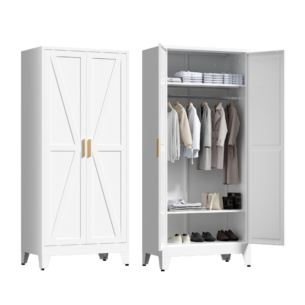 Washsemba 71'' Farmhouse Metal Wardrobe Cabinet with Hanging Rod, 2 Barn Door Wardrobe Closet with 2 Adjustable Shelves,for Dining Room,Bedroom,Living Room, Cloak Room,Office (White) Washsemba