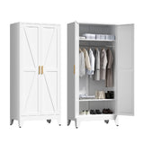 Washsemba 71'' Farmhouse Metal Wardrobe Cabinet with Hanging Rod, 2 Barn Door Wardrobe Closet with 2 Adjustable Shelves,for Dining Room,Bedroom,Living Room, Cloak Room,Office (White) Washsemba