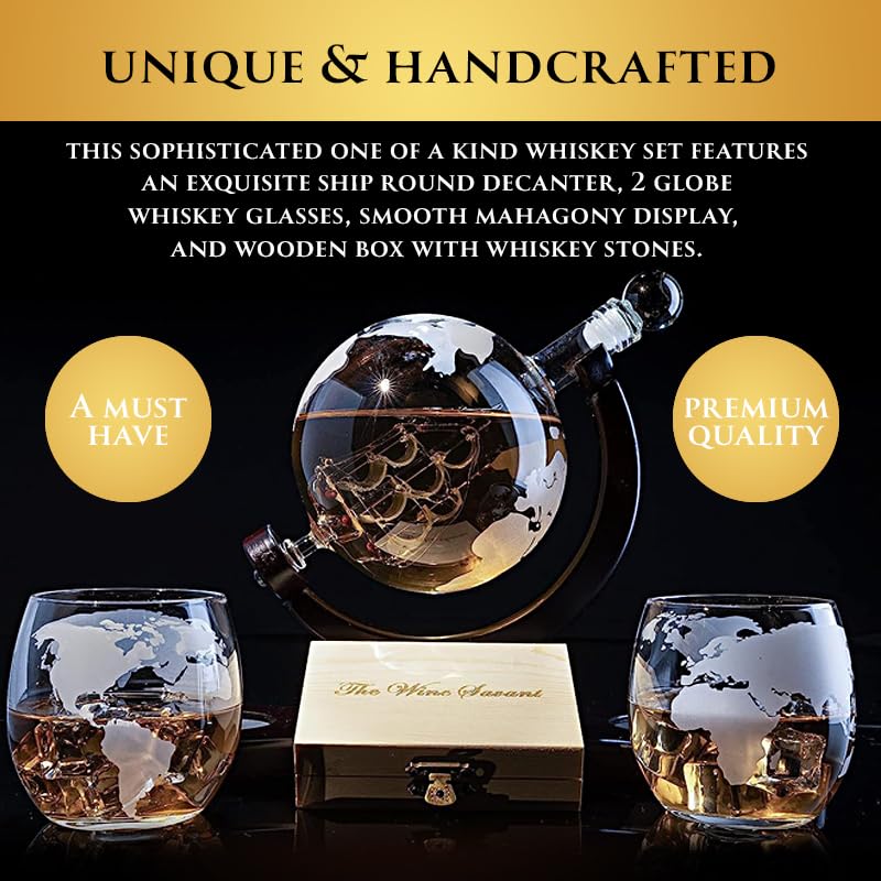 Whiskey Decanter Globe Set with 2 Etched Whiskey Glasses - Gifts for Men Dad, Anniversary Birthday House Warming for Liquor Scotch Bourbon Vodka Gift for Him Husband - 850ml Ship Decanters The Wine Savant