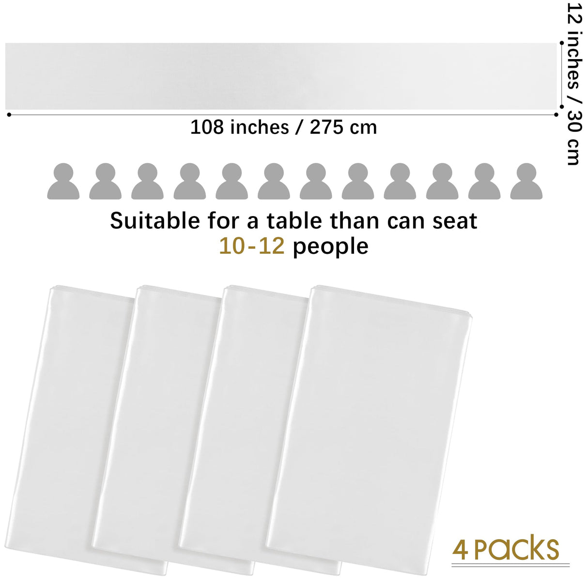 Aneco 4 Pack Satin Table Runner 12 x 108 Inch White Long Bright Silk and Smooth Fabric Party Table Runner for Wedding Banquet Party Decoration Aneco