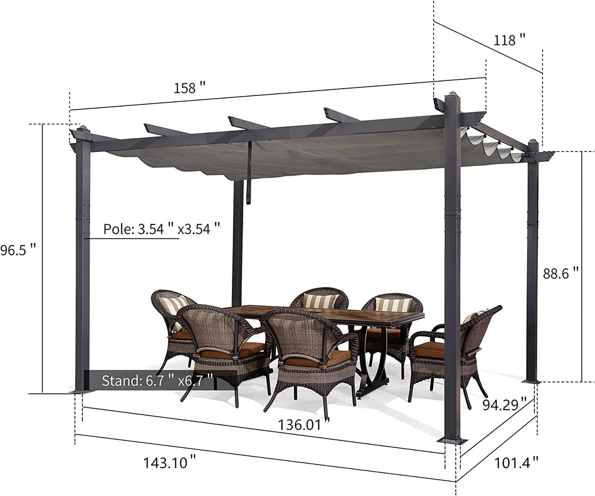 PURPLE LEAF 10' X 13' Outdoor Retractable Pergola with Sun Shade Canopy Patio Metal Shelter for Porch Garden Pavilion Grill Gazebo Yard Modern Gray Pergola with 24 Led Hanging String Lights PURPLE LEAF