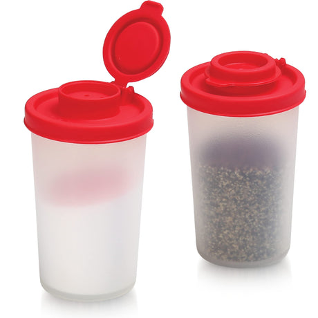SIGNORAWARE Salt and Pepper Shakers Moisture Proof Set of 2 Large Salt Shaker to go Camping Picnic Outdoors Kitchen Lunch Boxes Travel Spice Set Clear with Red Covers Lids Plastic Airtight Dispenser SIGNORA WARE