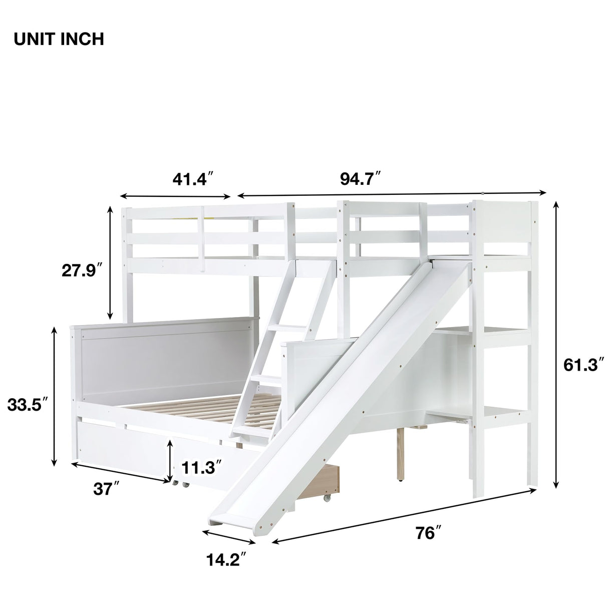 Bellemave Bunk beds Twin Over Full Size Slide and Stair, bunk Bed with Storage, Twin Over Full bunk beds for Kids, Floor bunk Bed, Low bunk Bed for Kids，White Bellemave