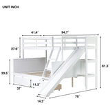 Bellemave Bunk beds Twin Over Full Size Slide and Stair, bunk Bed with Storage, Twin Over Full bunk beds for Kids, Floor bunk Bed, Low bunk Bed for Kids，White Bellemave