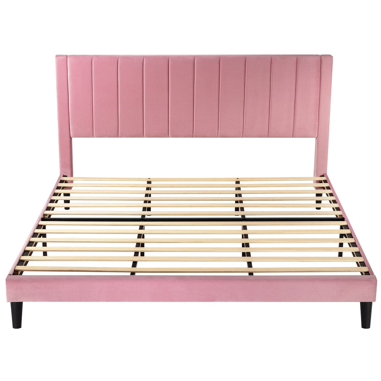 Allewie King Platform Bed Frame/Velvet Upholstered Bed Frame with Vertical Channel Tufted Headboard/Strong Wooden Slats/Mattress Foundation/Box Spring Optional/Easy Assembly/Pink Allewie