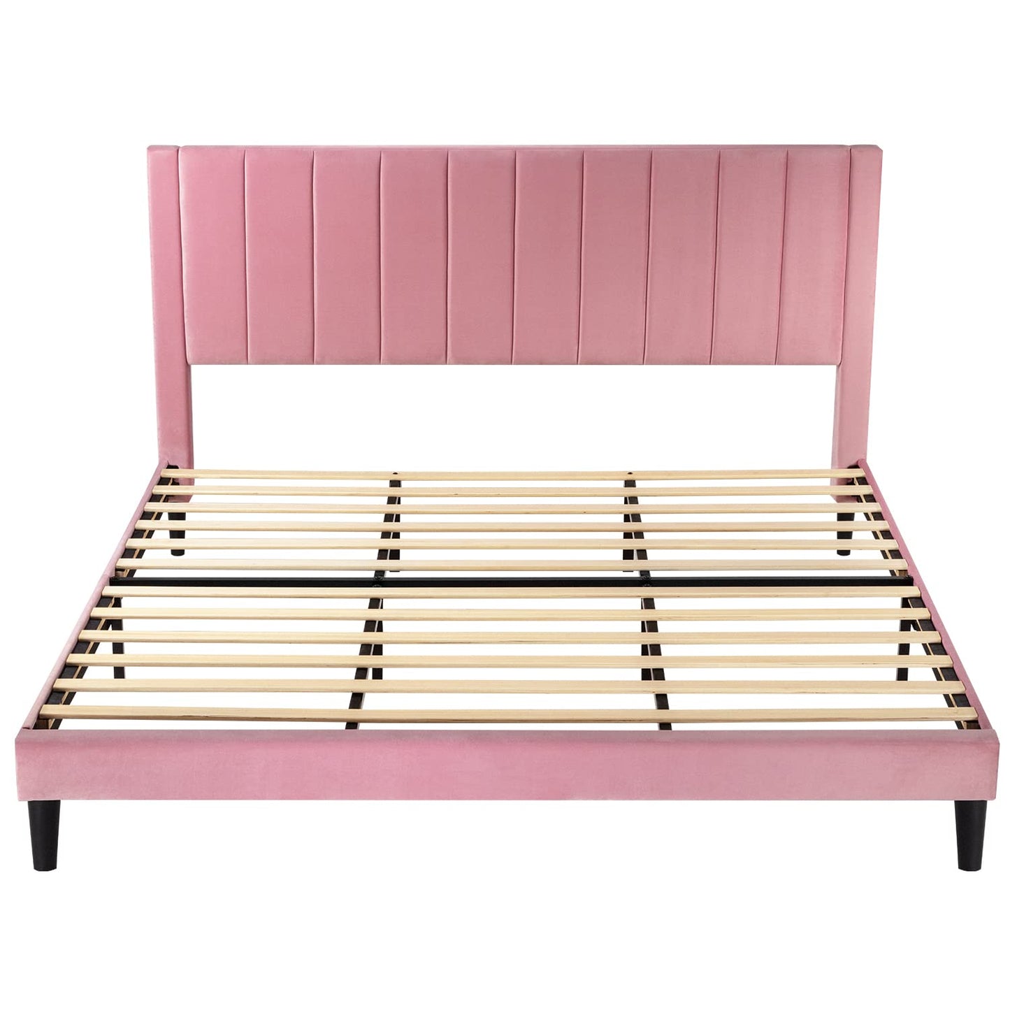 Allewie King Platform Bed Frame/Velvet Upholstered Bed Frame with Vertical Channel Tufted Headboard/Strong Wooden Slats/Mattress Foundation/Box Spring Optional/Easy Assembly/Pink