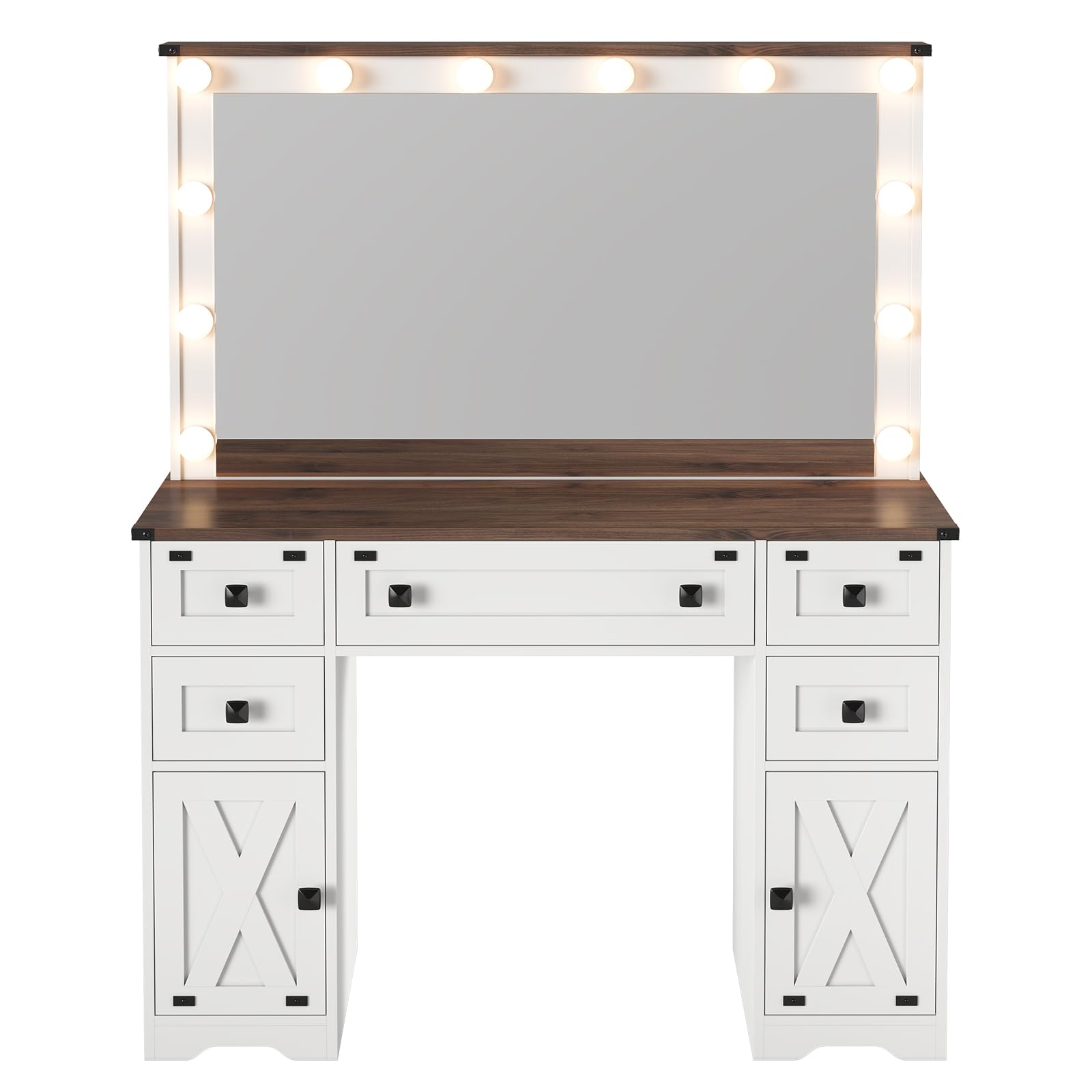 Hasuit Farmhouse Vanity Desk with LED Lights Mirror & Power Outlet 43'' Makeup Vanity Table with 5 Drawers & 2 Cabinets, Dressing Table for Bedroom,3 Color Lighting Modes Adjustable Brightnes - WoodArtSupply