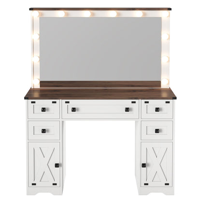 Hasuit Farmhouse Vanity Desk with LED Lights Mirror & Power Outlet 43'' Makeup Vanity Table with 5 Drawers & 2 Cabinets, Dressing Table for Bedroom,3 Color Lighting Modes Adjustable Brightnes - WoodArtSupply