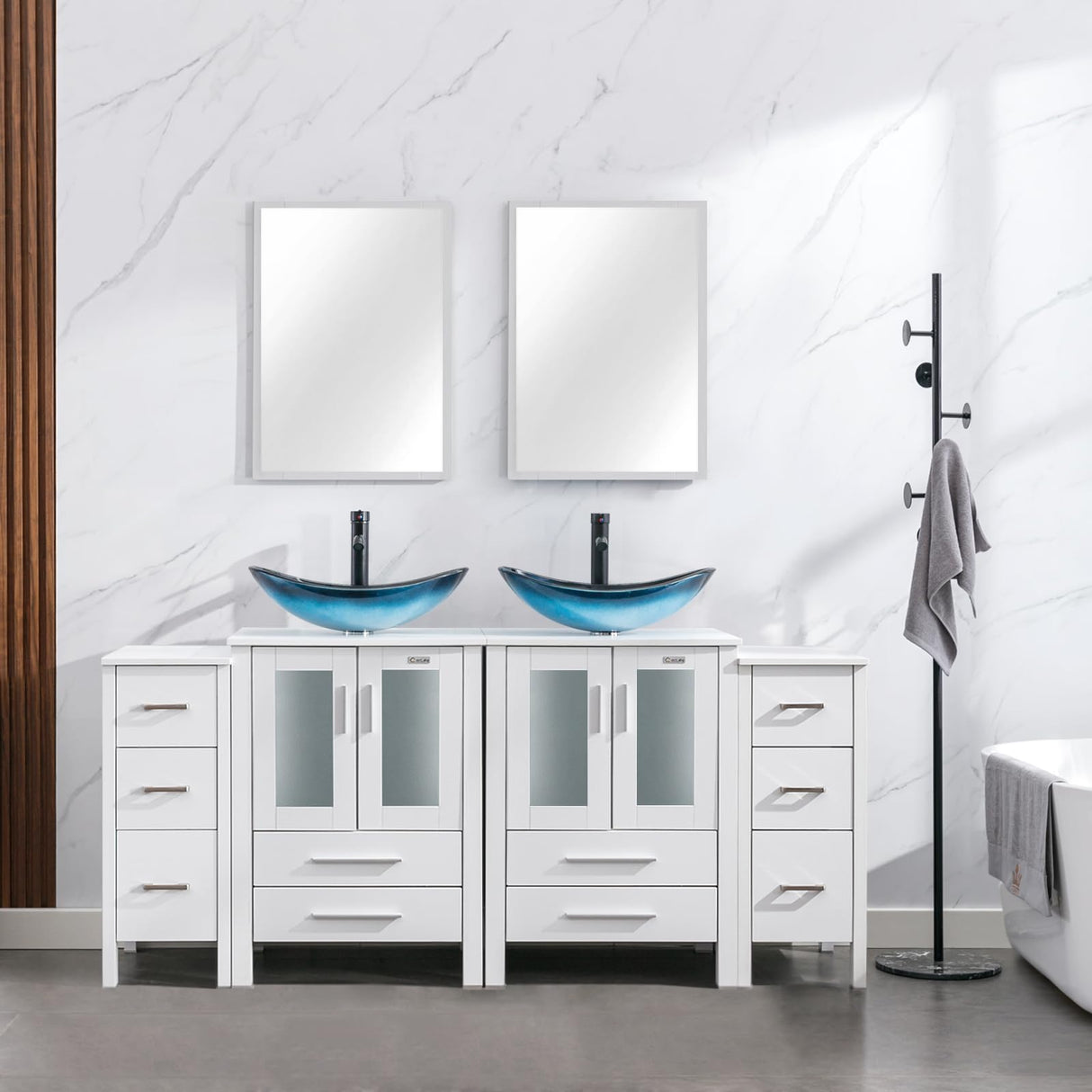 eclife 72" Modern Bathroom Vanity Sink Combo White W/Small Side Cabinets Blue Boat Glass Vessel Sink & Water Save Faucet & Pop Up Drain (2A29BU) eclife