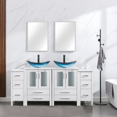 eclife 72" Modern Bathroom Vanity Sink Combo White W/Small Side Cabinets Blue Boat Glass Vessel Sink & Water Save Faucet & Pop Up Drain (2A29BU)