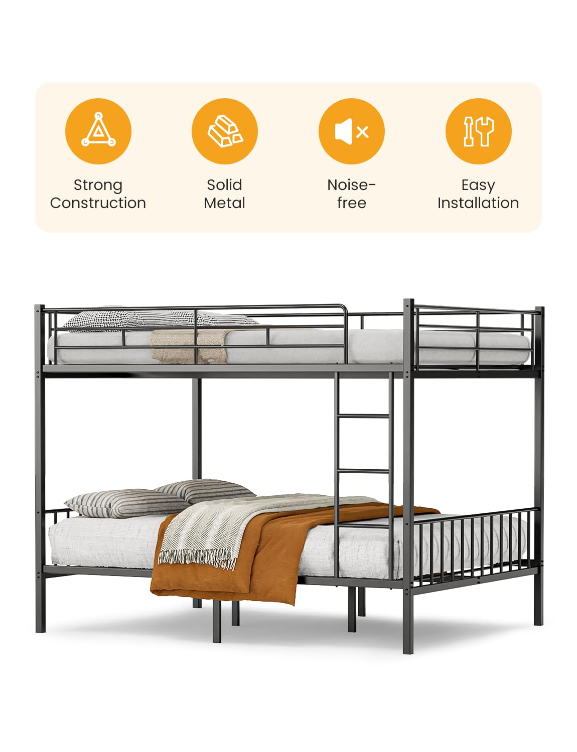 Miscoos Queen Over Queen Bunk Bed, Heavy-Duty Queen Bed Frame with Safety Full-Length Guardrails & Anti-Slip Ladder, Metal Bunk Bed for Teens Adults, Noise Reduced, Black Miscoos