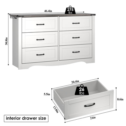 Loomie Farmhouse 6 Drawers Double Dresser for Bedroom, Modern White Dresser Chest of Drawers, Wide Dressers Organizer, Accent Storage Cabinet for Closet, Living Room, Hallway, Antique White - WoodArtSupply