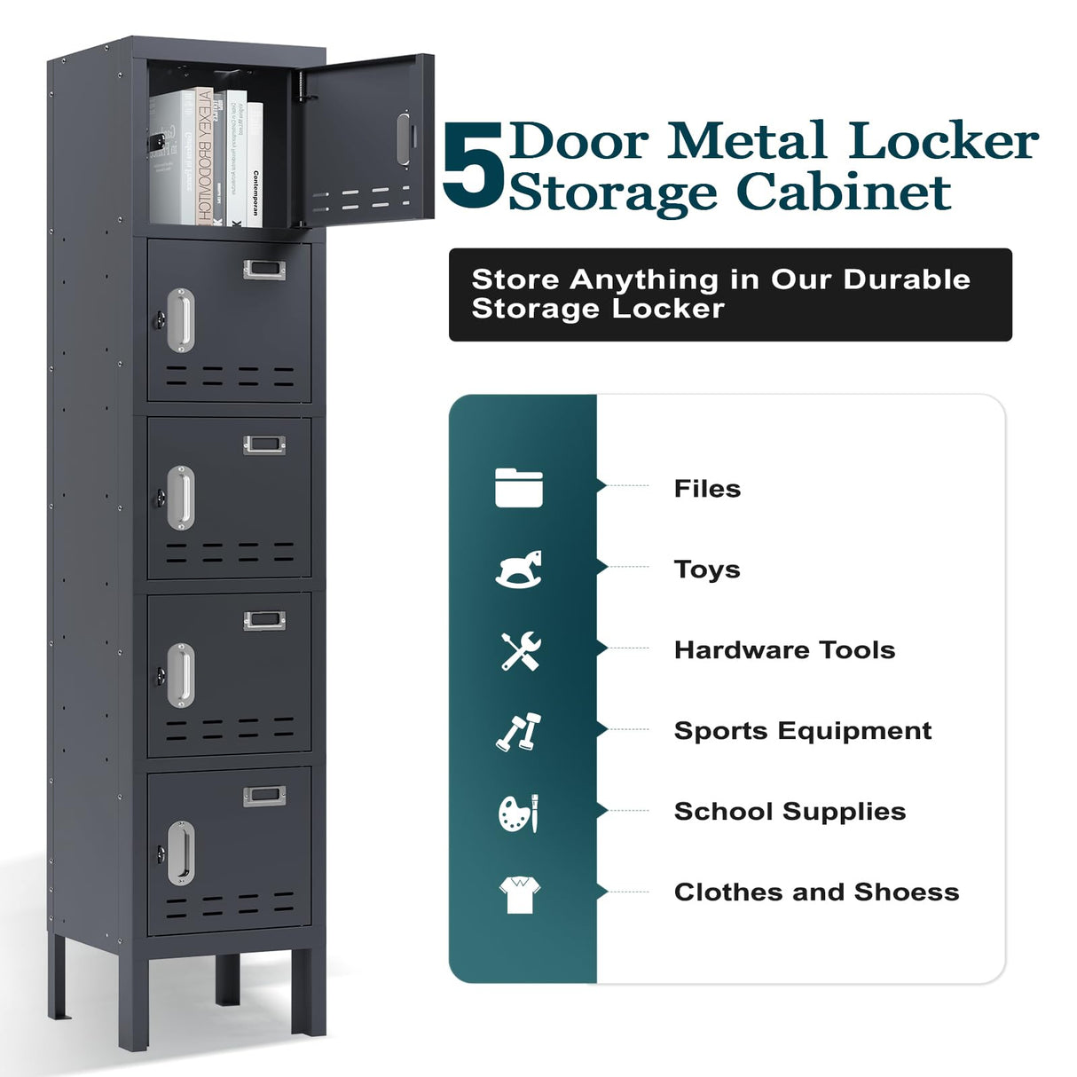BUTISOW Metal Locker with 5 Doors,Lockers for Employees,66'' Steel Storage Locker for School,Gym, Office, Office,Garage,Lockable Metal Storage Cabinet with Hooks,Card Slots,Requires Assembly BUTISOW
