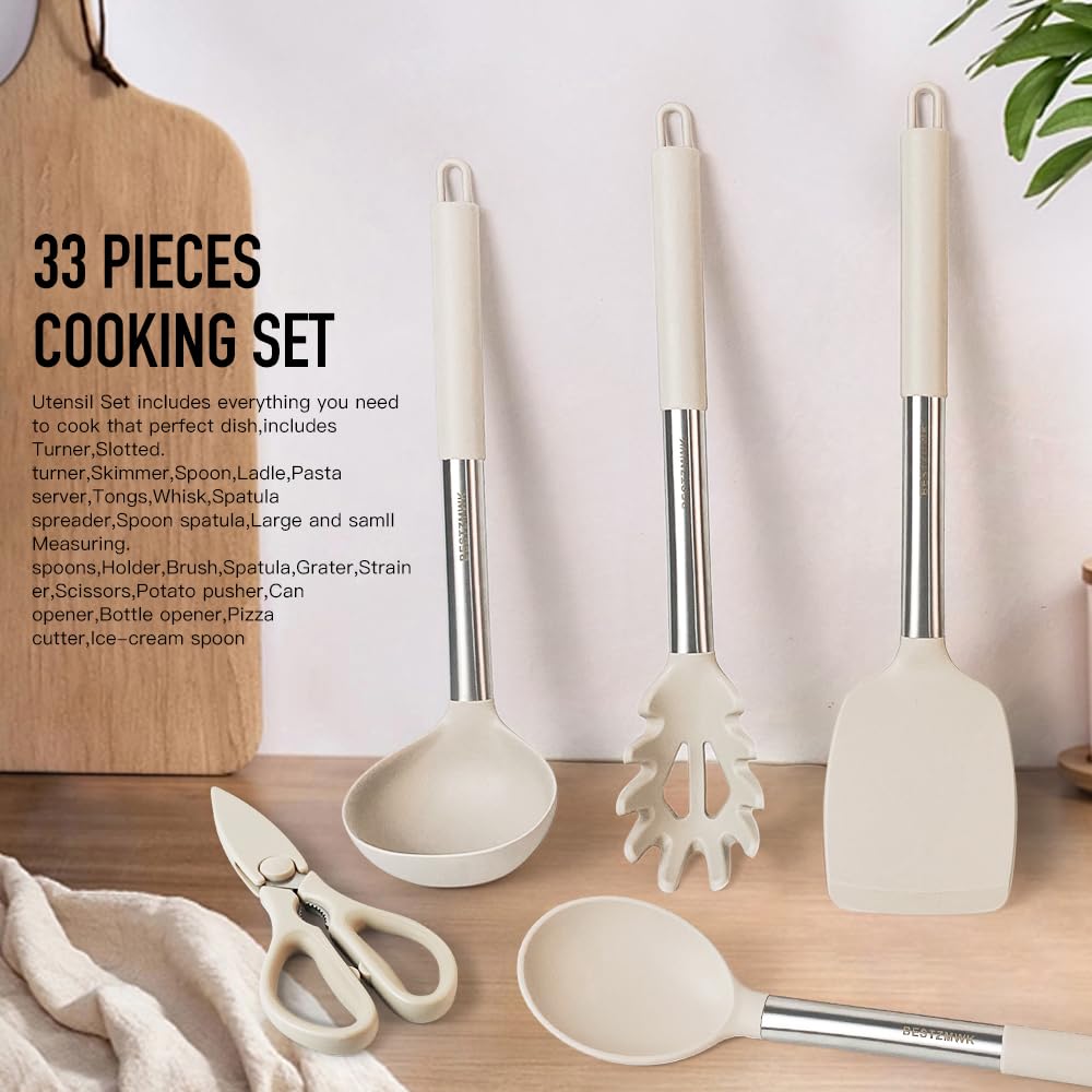 Kitchen Utensils Set-Silicone Cooking Utensils-33pcs Non-Stick Silicone Cooking Kitchen Utensils Spatula Set with Holder-Best Kitchen Cookware with Stainless Steel Handle (Khaki)