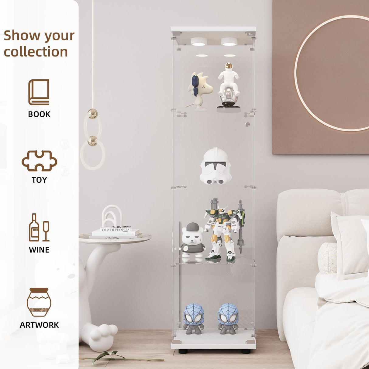 GDJAASJI Glass Display Cabinet with LED Light and Lock, 4-Shelf Curio Cabinets with 5mm Tempered Glass Floor Standing Bookshelf (64" Hx 16.7" W x 14.3" D, White) GDJAASJI