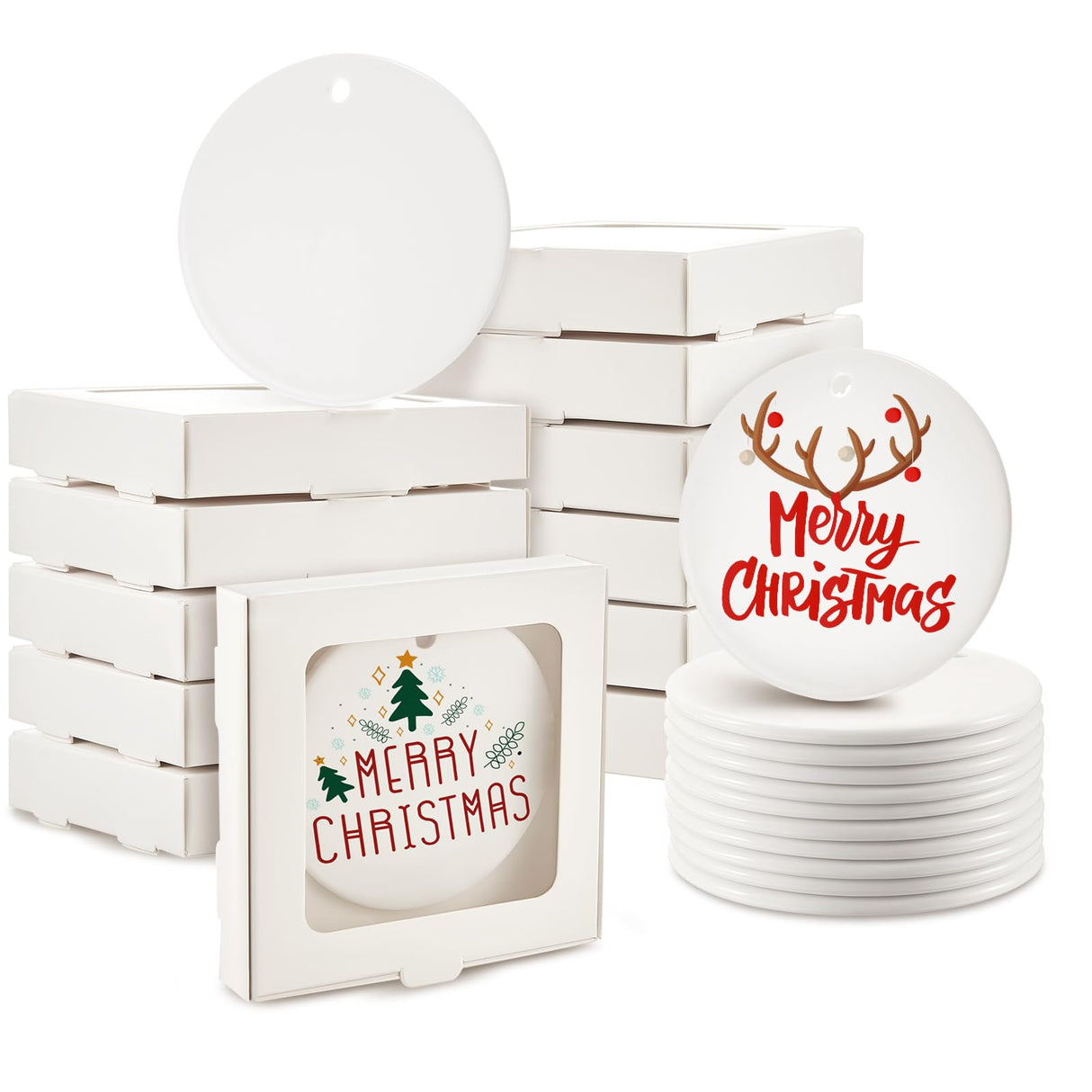 Dunzoom 12 Pcs Sublimation Ceramic Ornament Blanks with 12 Pcs Gift Box 2.9 Christmas Ornaments Ceramic Discs Ornaments Bulk Packaging Box with Window for Personalized Xmas Tree Heat Press Printing Dunzoom