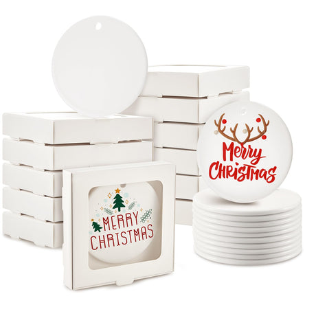 Dunzoom 12 Pcs Sublimation Ceramic Ornament Blanks with 12 Pcs Gift Box 2.9 Christmas Ornaments Ceramic Discs Ornaments Bulk Packaging Box with Window for Personalized Xmas Tree Heat Press Printing Dunzoom