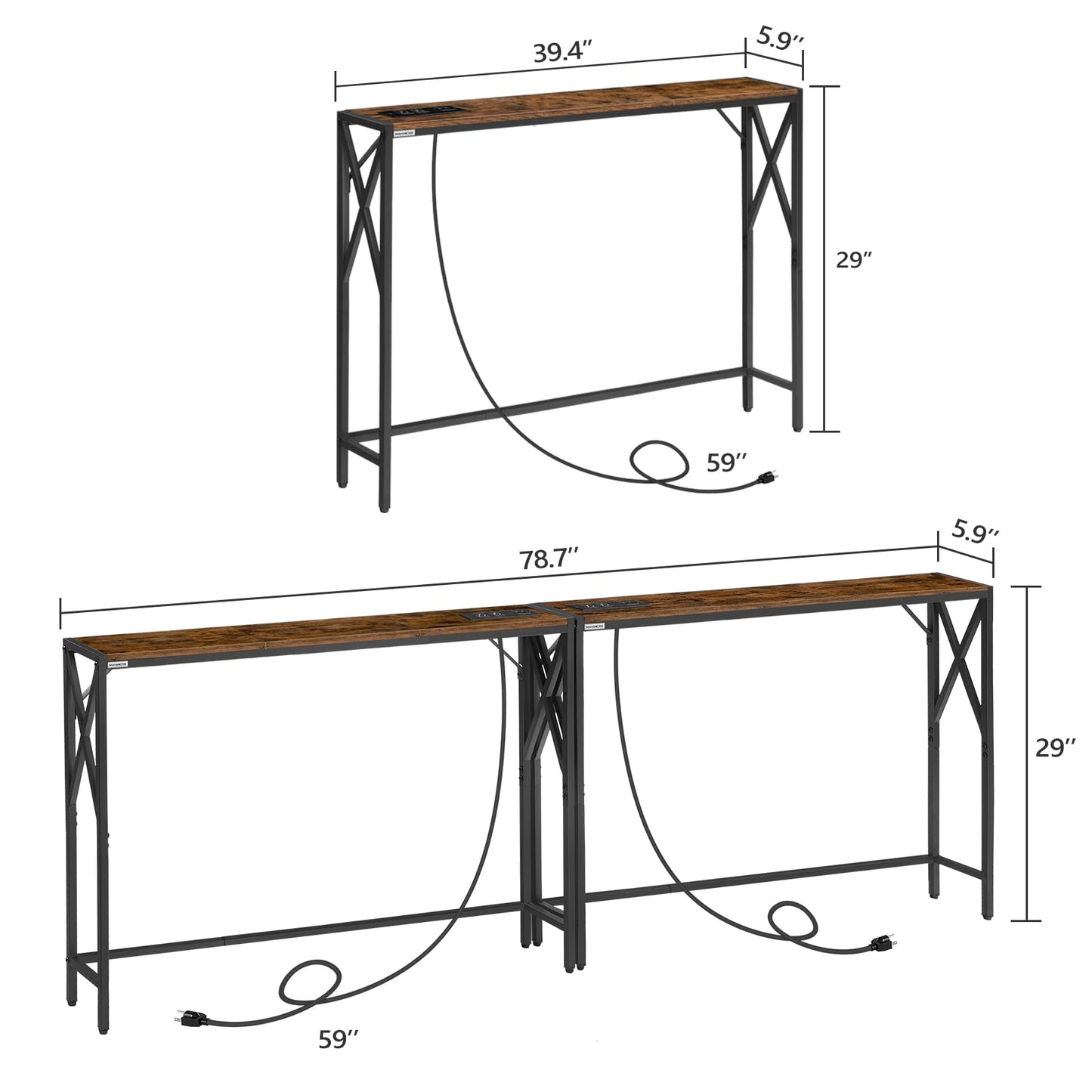 MAHANCRIS 2 Pack Narrow Sofa Table with Charging Station, 39.4" L x 5.9" W x 29" H, Skinny Console Table, Long Entryway Table, Hallway Table, Couch Table with Power Outlets, Rustic Brown CTHR151E01S2