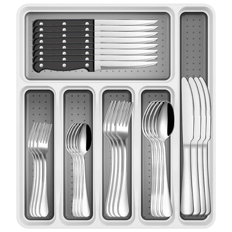 49-Piece Stainless Steel Silverware Set with Cutlery Organizer, Service for 8 with Steak Knives and Kitchen Utensils JUNLIN