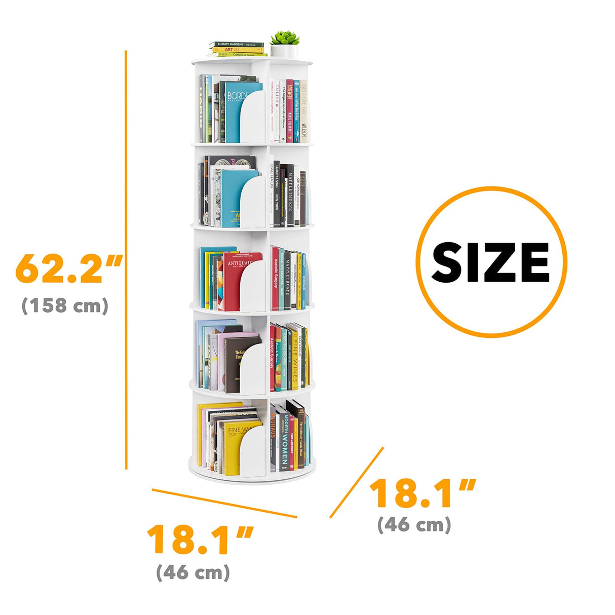 SpaceAid 5 Tier Rotating Bookshelf Tower, Spinning Bookcase Lazy Susan, Revolving 360 Book Shelf Storage Round Carousel, Vertical Rotate Turning Spiral Corner Organizer, White SpaceAid