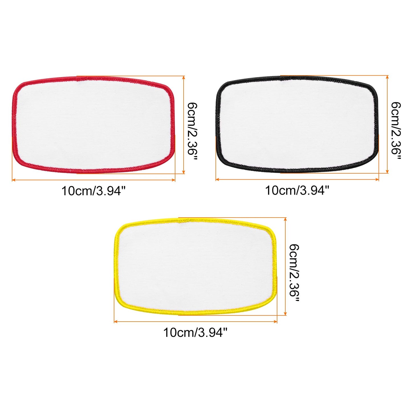 MECCANIXITY 30pcs Sublimation Patch Blank, 10x6cm/3.94x2.36 Inch Oval Rectangle Fabric Iron-on Blank Heat Transfer Repair Patch for DIY Crafts Caps Clothes, White with Black/Red/Yellow Border