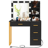 FIONESO Makeup Vanity Desk with Mirror & Lights, Vanity Desk with 4 Drawers & Charging Station, Dressing Vanity Table with Open Storage Shelves, 3 Color Modes, Vanity Table for Bedroom, Black FIONESO
