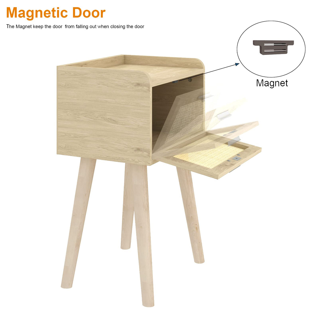 LAATOOREE Nightstand Set of 2, Small Bedside Table, End Table with Rattan Door, Boho Side Table with Solid Wood Legs for Bedroom Living Room Small Space LAATOOREE