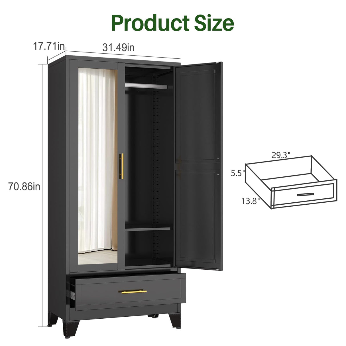 winiowa Metal Armoire Wardrobe Closet with Drawer, 71" Wardrobe Cabinet with Adjustable Shelves and Hanging Rod, Clothing Storage Cabinet Closet with Mirror for Bedroom-Black winiowa