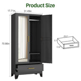 winiowa Metal Armoire Wardrobe Closet with Drawer, 71" Wardrobe Cabinet with Adjustable Shelves and Hanging Rod, Clothing Storage Cabinet Closet with Mirror for Bedroom-Black winiowa