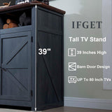 IFGET Farmhouse TV Stand for TVs Up to 80 inches, 39" Tall Highboy Entertainment Center w/Barn Door, Large Wood Rustic TV Console Cabinet w/Adjustable Shelves for Living Room, 70inch, Dark Grey IFGET