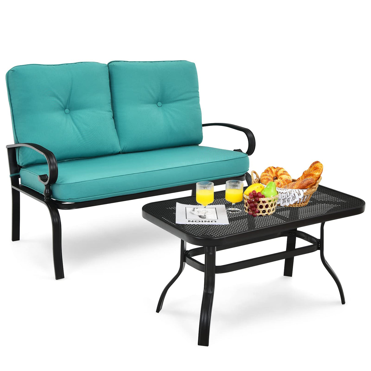 Giantex Patio Loveseat with Coffee Table Outdoor Bench with Cushion and Metal Frame, Loveseat Porch Furniture Set Sofa for Garden, Yard, Patio or Poolside Giantex