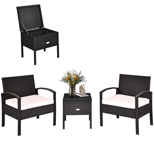 COSTWAY Rattan Patio Furniture Set 3 Pieces, Wicker Conversation Set with Tempered Glass Coffee Table, Seat Cushions, Outdoor Chair Wicker Sofa for Backyard Balcony Porch Poolside, White