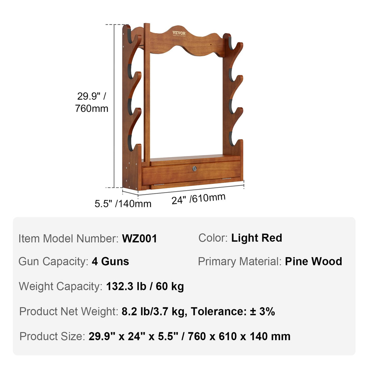 VEVOE Gun Rack, Wood Gun Rack Wall Mount, Gun Display Rack Holds 4 Rifles, Shotguns, 132 lb Heavy Duty Wall Storage Display Rifle Rack with Soft Padding VEVOR